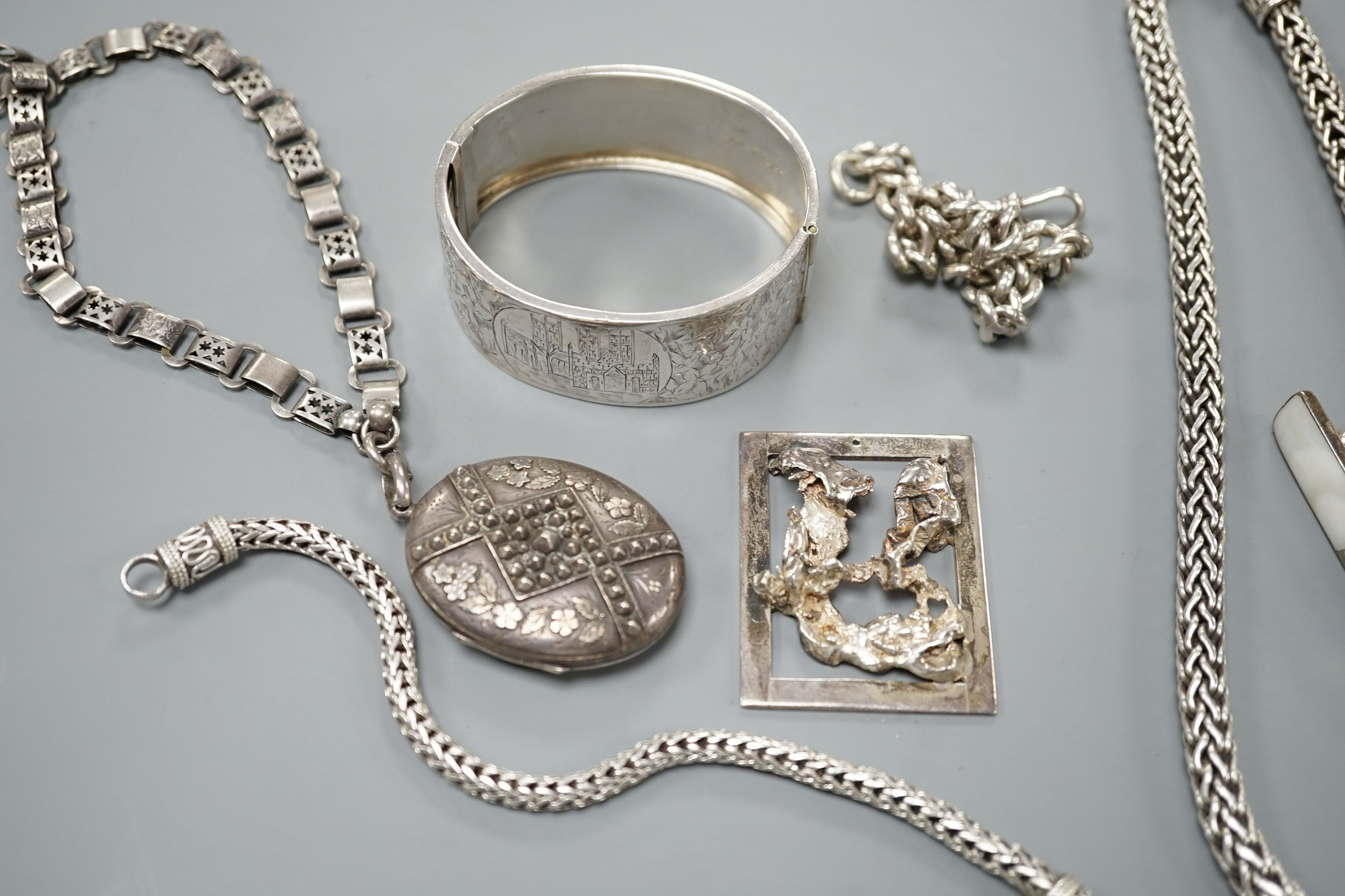 Assorted white metal jewellery including oval locket on albertina, 925 necklace and bracelet, bangles bracelets etc.